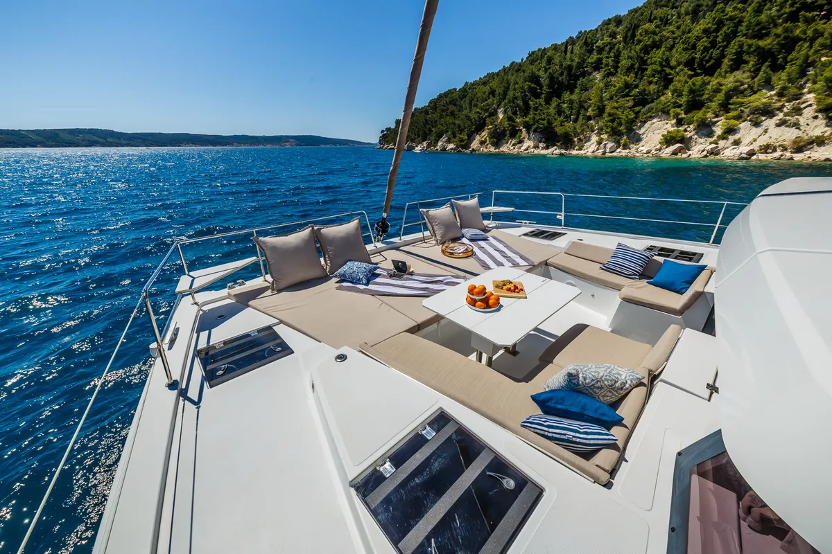 Deck of Aldebaran, a Bali 4.8 catamaran at Roche Caiman, Seychelles