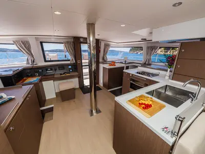 Galley of Aldebaran, a Bali 4.8 catamaran at Roche Caiman, Seychelles