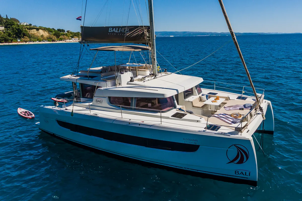 Exterior view of Aldebaran, a Bali 4.8 catamaran at Roche Caiman, Seychelles