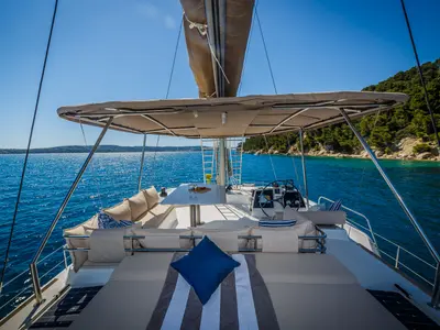 Cockpit of Aldebaran, a Bali 4.8 catamaran at Roche Caiman, Seychelles