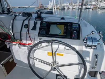 Cockpit of Meliti, a Lagoon 40 catamaran at Municipal Unit of Lefkada, Greece