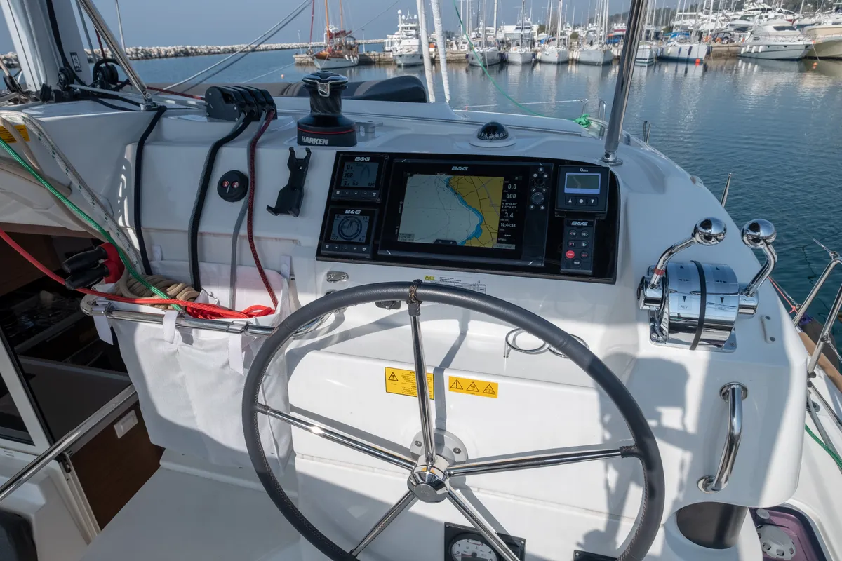 Cockpit of Meliti, a Lagoon 40 catamaran at Municipal Unit of Lefkada, Greece