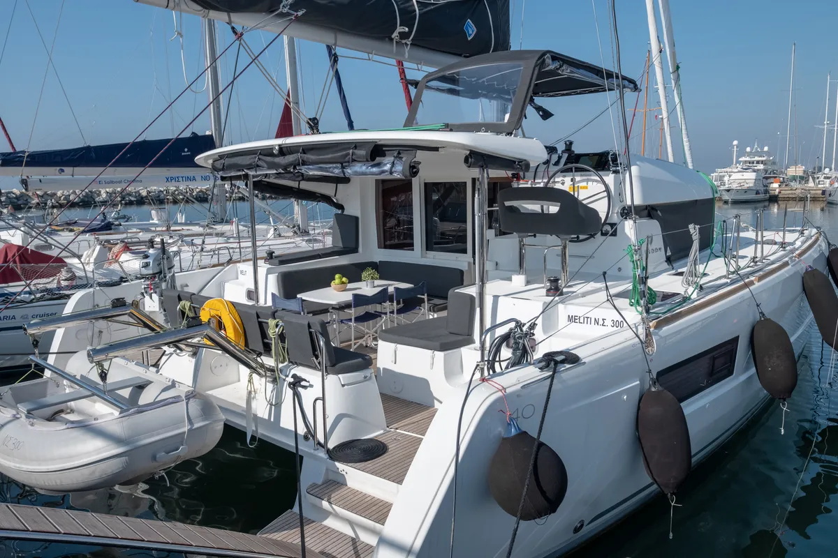 Exterior view of Meliti, a Lagoon 40 catamaran at Municipal Unit of Lefkada, Greece
