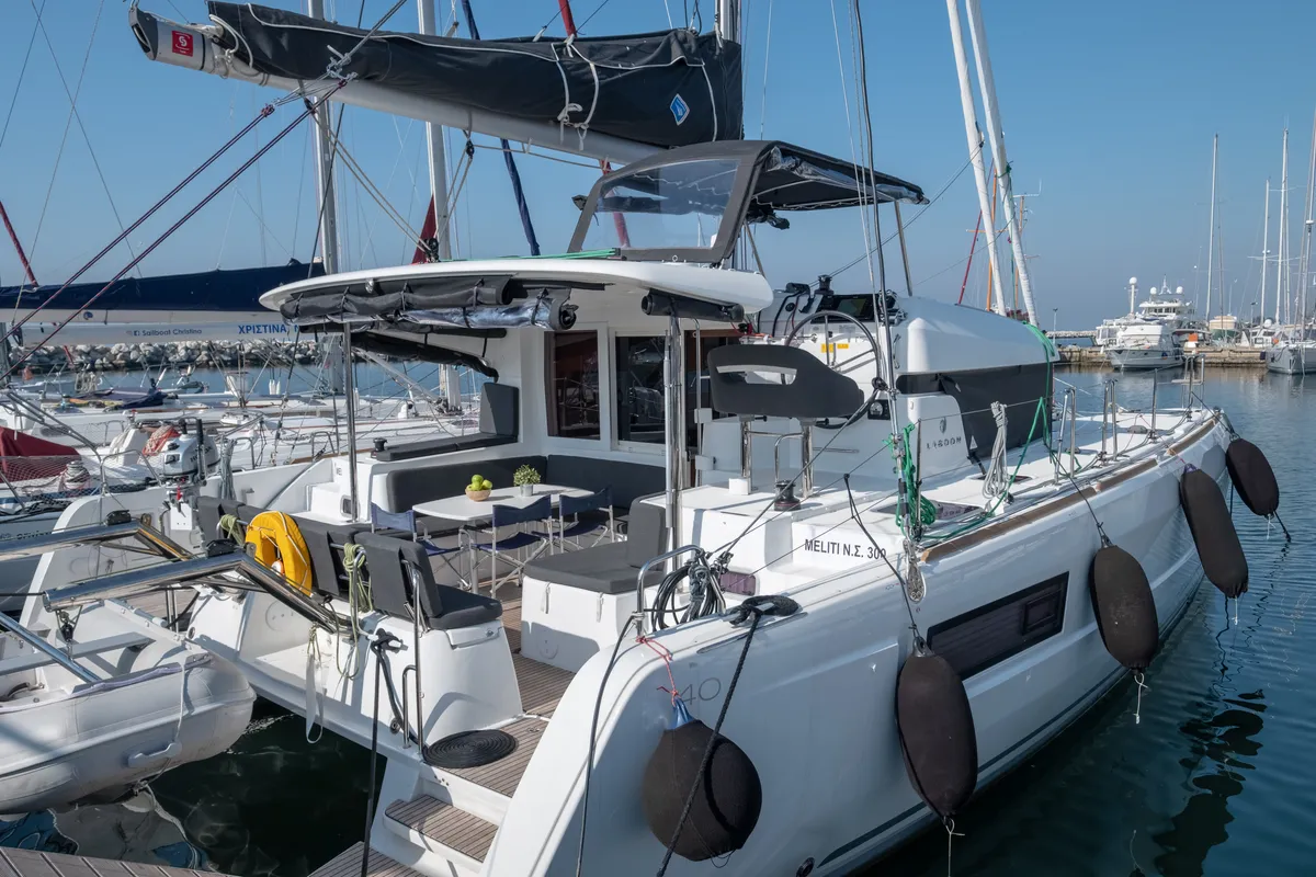 Exterior view of Meliti, a Lagoon 40 catamaran at Municipal Unit of Lefkada, Greece