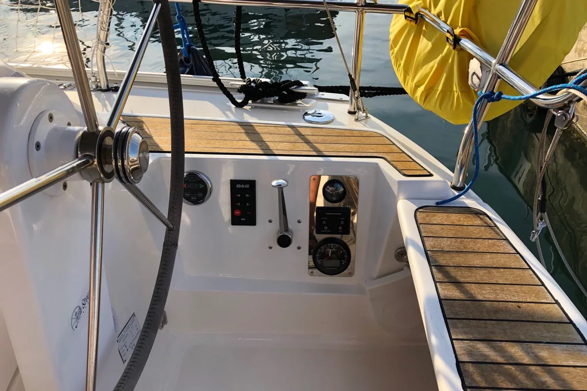 Cockpit of Viktoria, a Bavaria Cruiser 34 sailboat at Grad Pula, Croatia