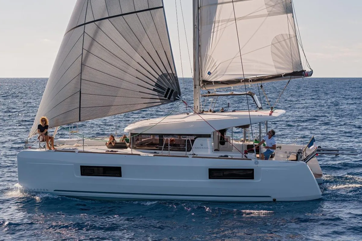 Exterior view of Eftychia 40, a Lagoon 40 catamaran at Municipal Unit of Lefkada, Greece