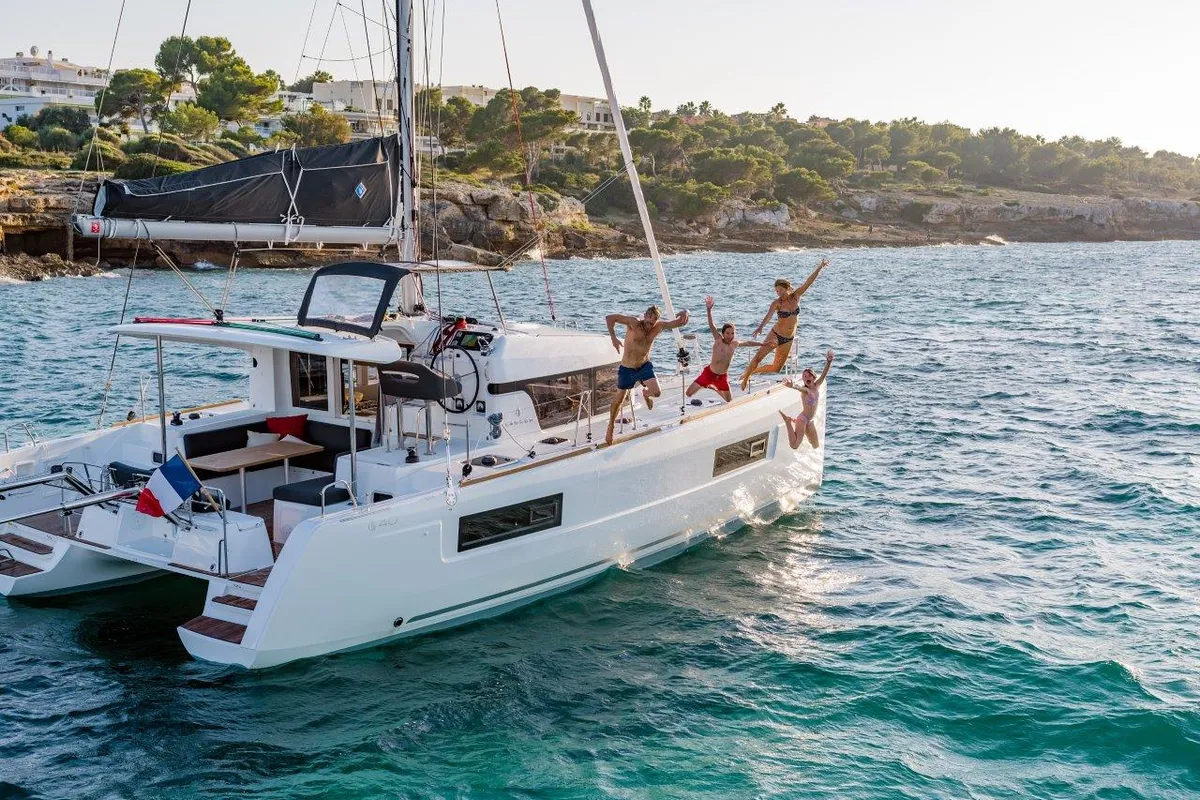 Exterior view of Eftychia 40, a Lagoon 40 catamaran at Municipal Unit of Lefkada, Greece