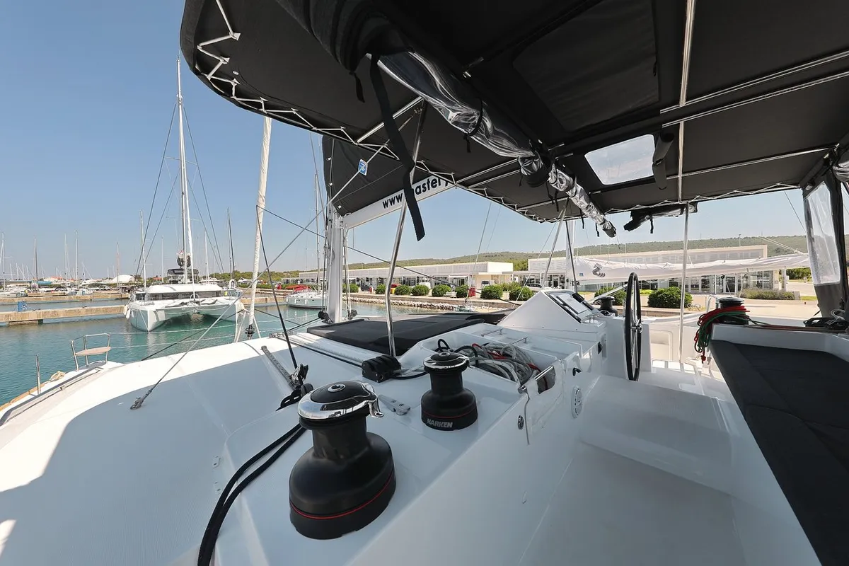Cockpit of Hot Stuff, a Lagoon 450 F catamaran at Općina Sukošan, Croatia