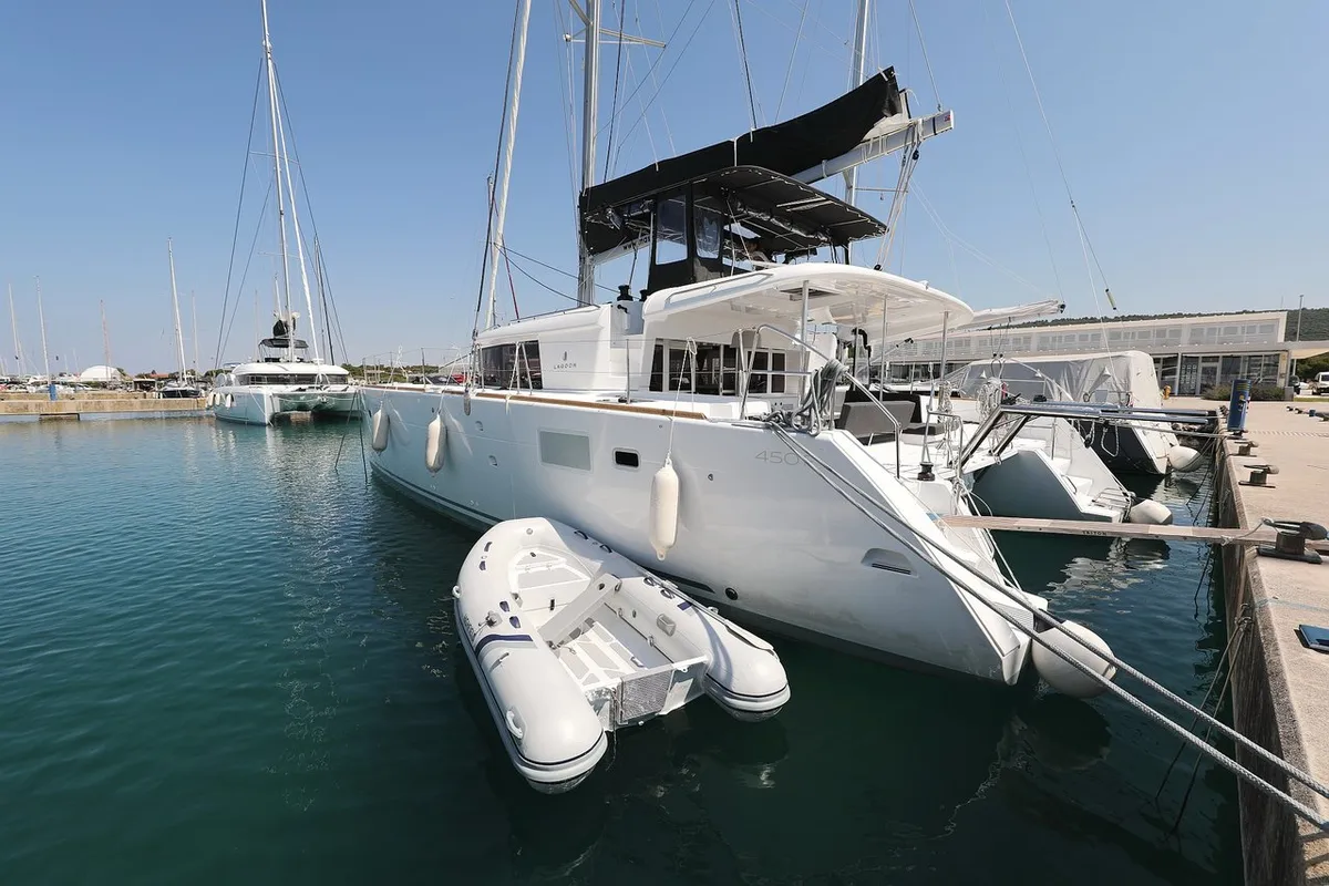Exterior view of Hot Stuff, a Lagoon 450 F catamaran at Općina Sukošan, Croatia