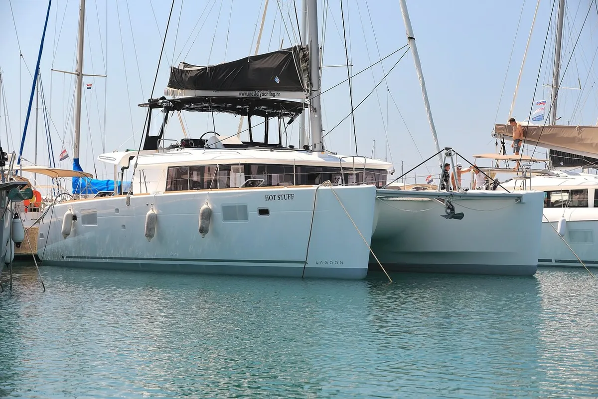 Exterior view of Hot Stuff, a Lagoon 450 F catamaran at Općina Sukošan, Croatia