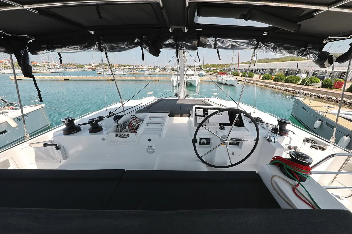 Cockpit of Hot Stuff, a Lagoon 450 F catamaran at Općina Sukošan, Croatia
