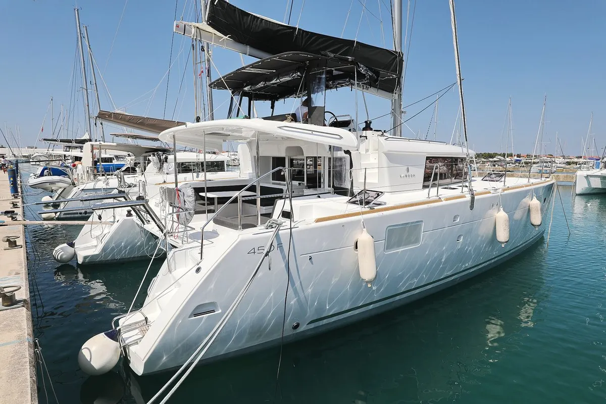 Exterior view of Hot Stuff, a Lagoon 450 F catamaran at Općina Sukošan, Croatia