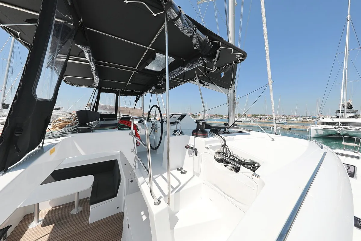 Cockpit of Hot Stuff, a Lagoon 450 F catamaran at Općina Sukošan, Croatia
