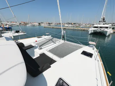 Deck of Hot Stuff, a Lagoon 450 F catamaran at Sukošan, Croatia