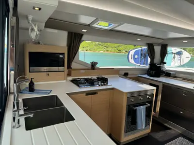 Galley of Feeling Knotty, a Fountaine Pajot Tanna 47 catamaran at Charlotte Amalie, United States
