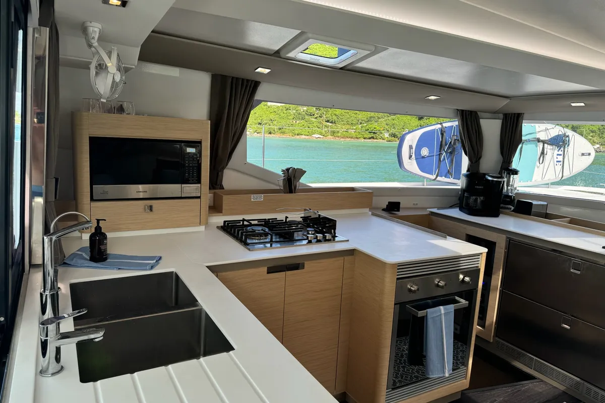 Galley of Feeling Knotty, a Fountaine Pajot Tanna 47 catamaran at Charlotte Amalie, United States