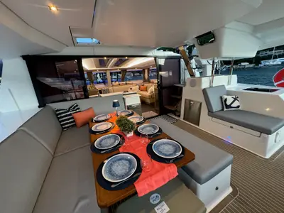 Deck of Feeling Knotty, a Fountaine Pajot Tanna 47 catamaran at Charlotte Amalie, United States