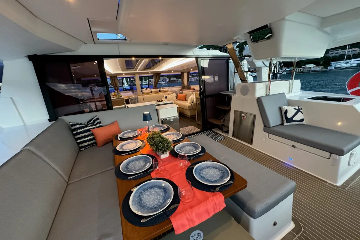Deck of Feeling Knotty, a Fountaine Pajot Tanna 47 catamaran at Charlotte Amalie, United States