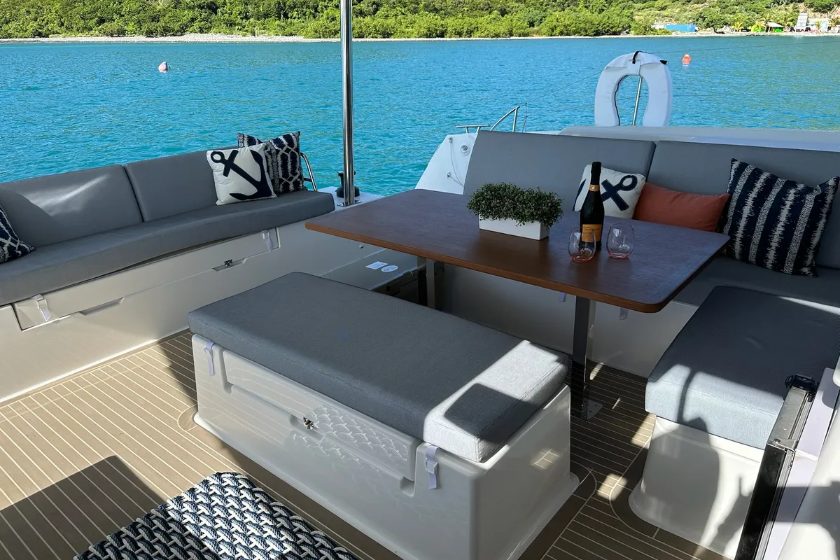Deck of Feeling Knotty, a Fountaine Pajot Tanna 47 catamaran at Charlotte Amalie, United States
