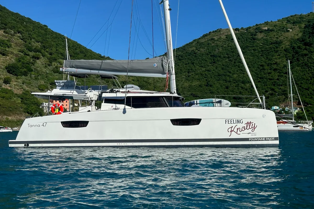 Exterior view of Feeling Knotty, a Fountaine Pajot Tanna 47 catamaran at Charlotte Amalie, United States