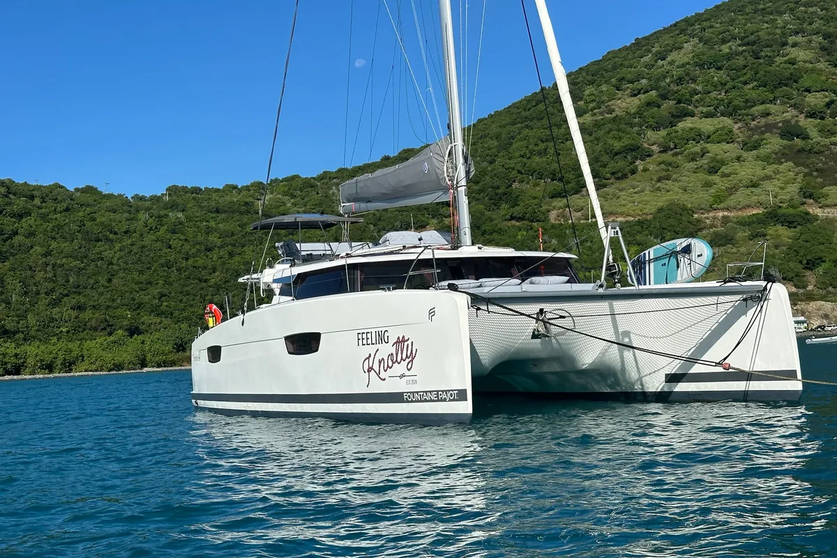 Exterior view of Feeling Knotty, a Fountaine Pajot Tanna 47 catamaran at Charlotte Amalie, United States