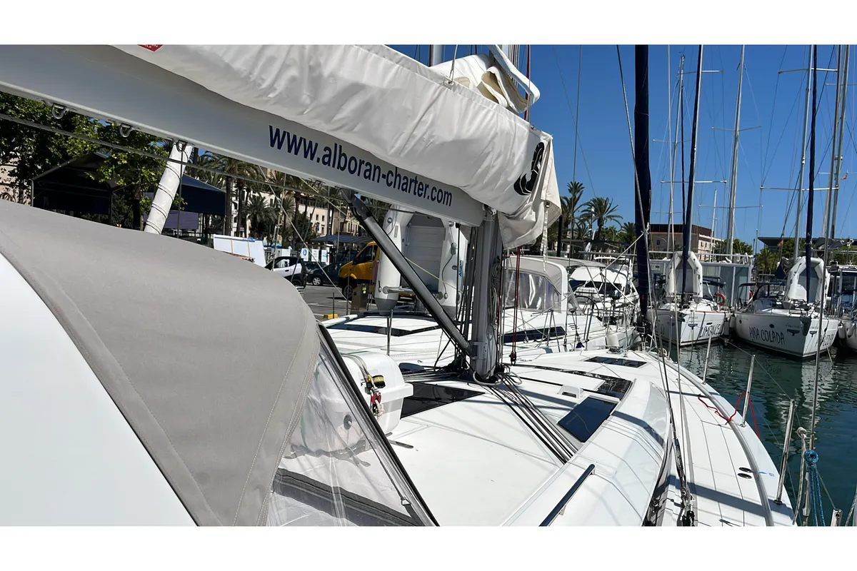 Deck of Alboran Aperol, a Beneteau Oceanis 51.1 sailboat at es Jonquet, Spain