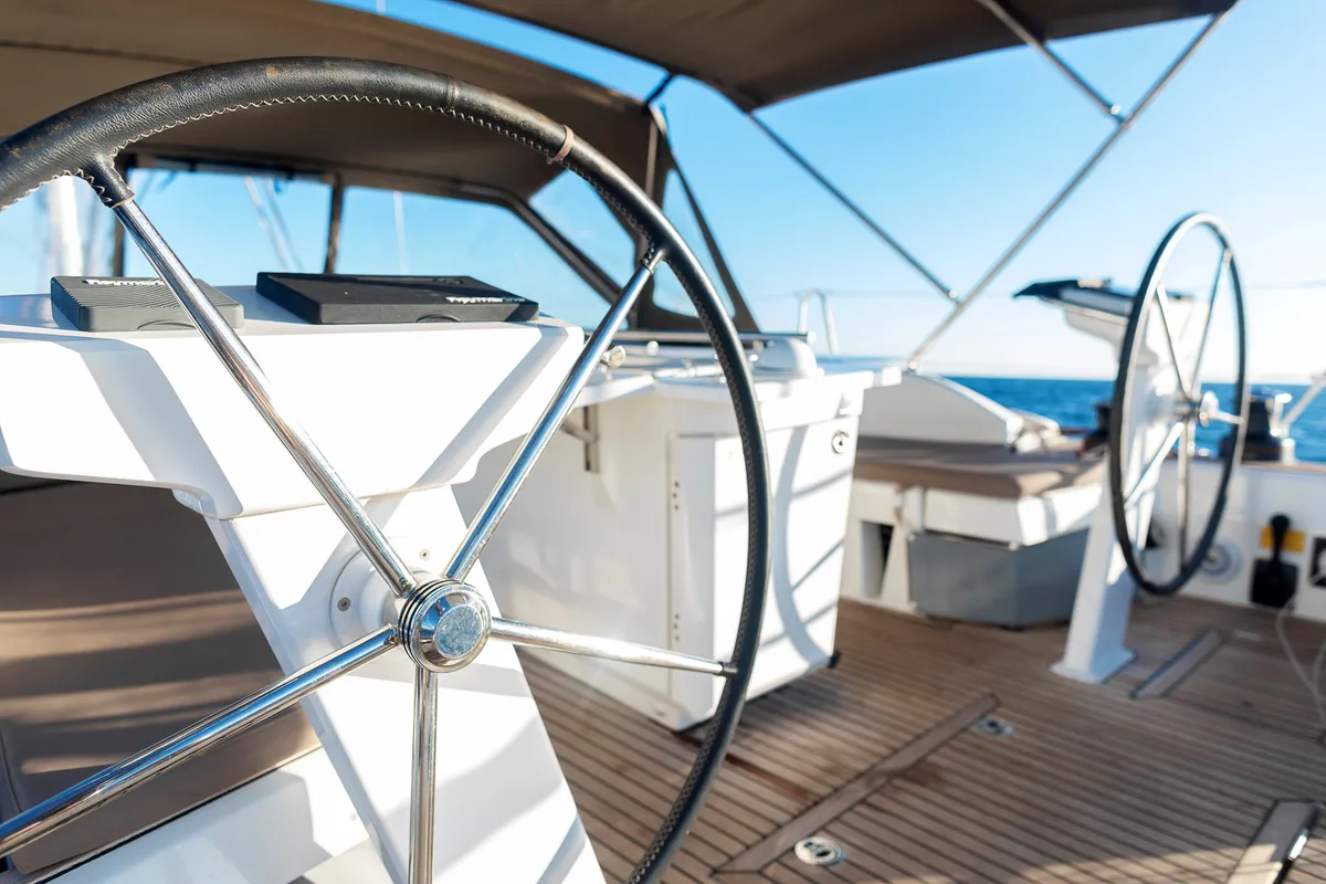 Cockpit of Kos 46.5, a Beneteau Oceanis 46.1 sailboat at Athens, Greece
