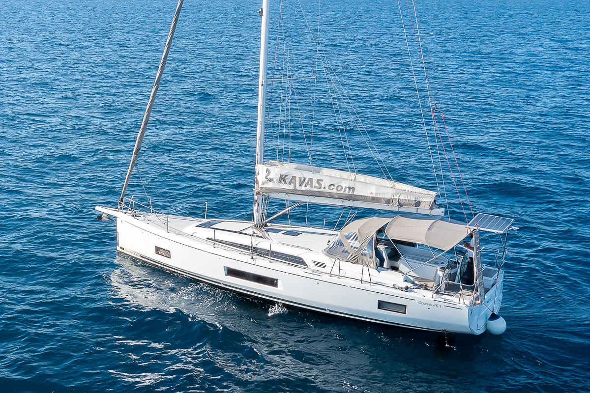 Exterior view of Kos 46.5, a Beneteau Oceanis 46.1 sailboat at Athens, Greece