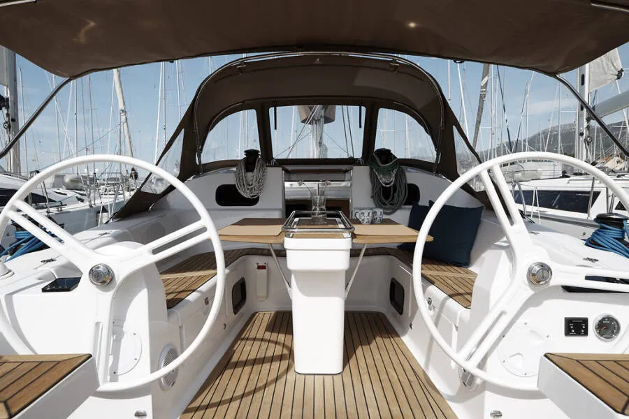 Cockpit of Mirakul, a Elan Impression 45 sailboat at Vodice, Croatia