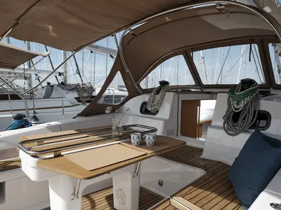 Deck of Mirakul, a Elan Impression 45 sailboat at Vodice, Croatia