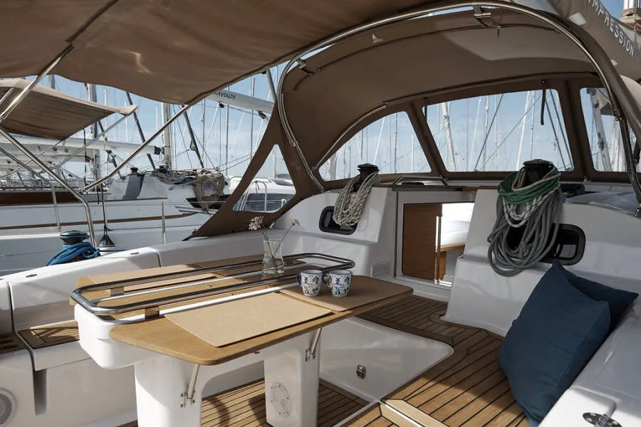 Deck of Mirakul, a Elan Impression 45 sailboat at Vodice, Croatia
