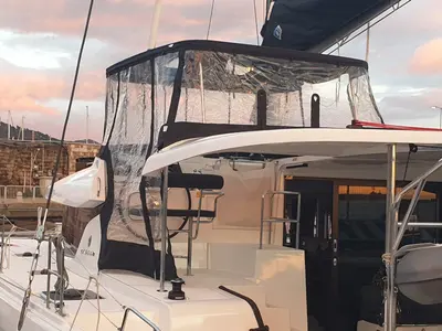 Cockpit of Marepiatto, a Lagoon 42 catamaran at Salerno, Italy
