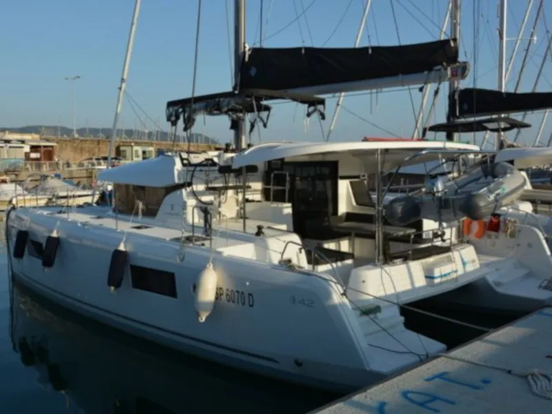 Exterior view of Marepiatto, a Lagoon 42 catamaran at Salerno, Italy