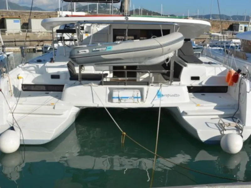 Exterior view of Marepiatto, a Lagoon 42 catamaran at Salerno, Italy