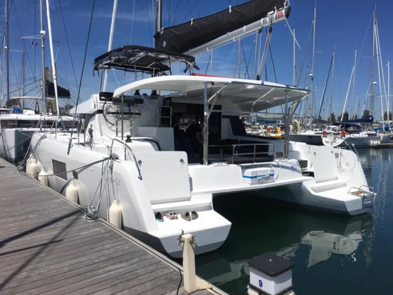Exterior view of Marepiatto, a Lagoon 42 catamaran at Salerno, Italy