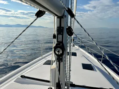 Deck of SIROCO, a Bavaria C42 sailboat at Municipal Unit of Lefkada, Greece