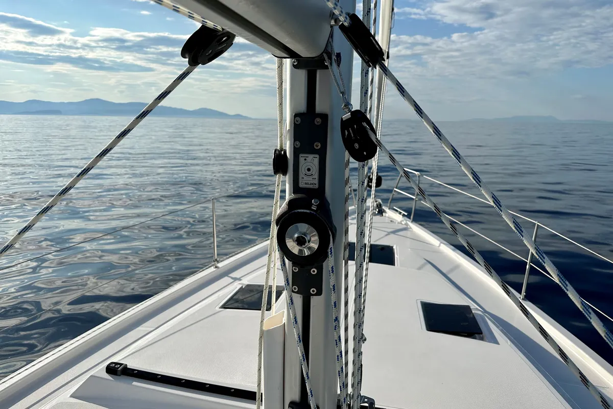 Deck of SIROCO, a Bavaria C42 sailboat at Municipal Unit of Lefkada, Greece