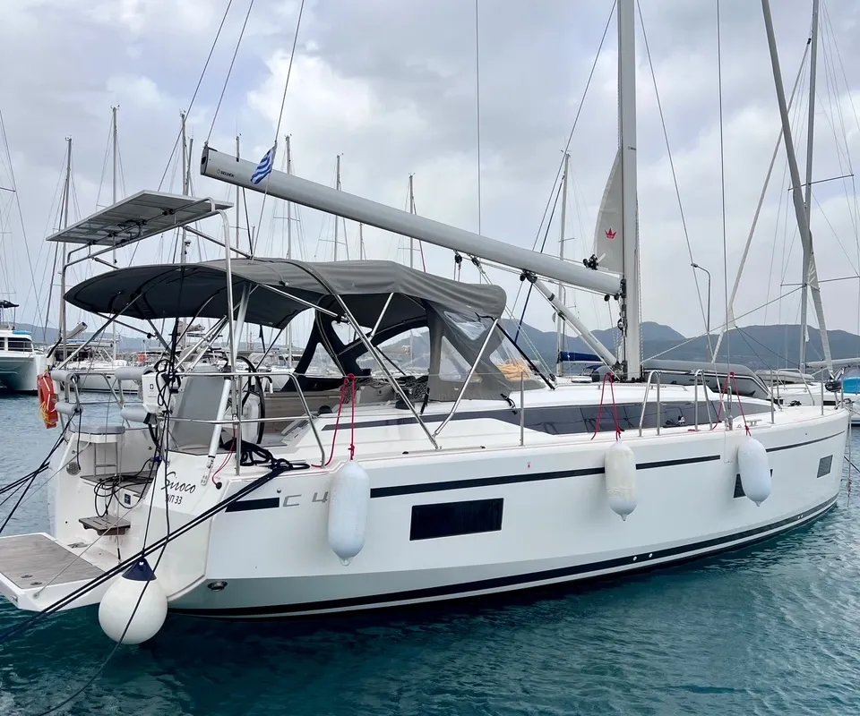 Exterior view of SIROCO, a Bavaria C42 sailboat at Municipal Unit of Lefkada, Greece