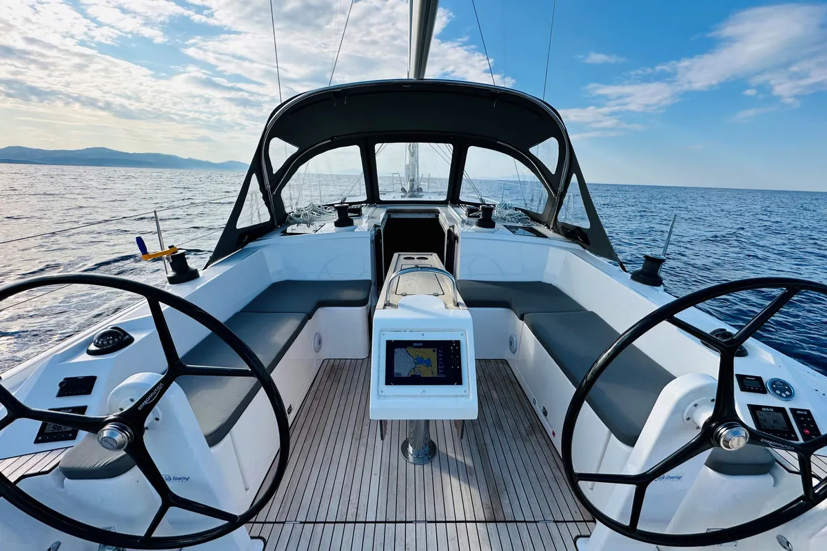 Cockpit of SIROCO, a Bavaria C42 sailboat at Municipal Unit of Lefkada, Greece