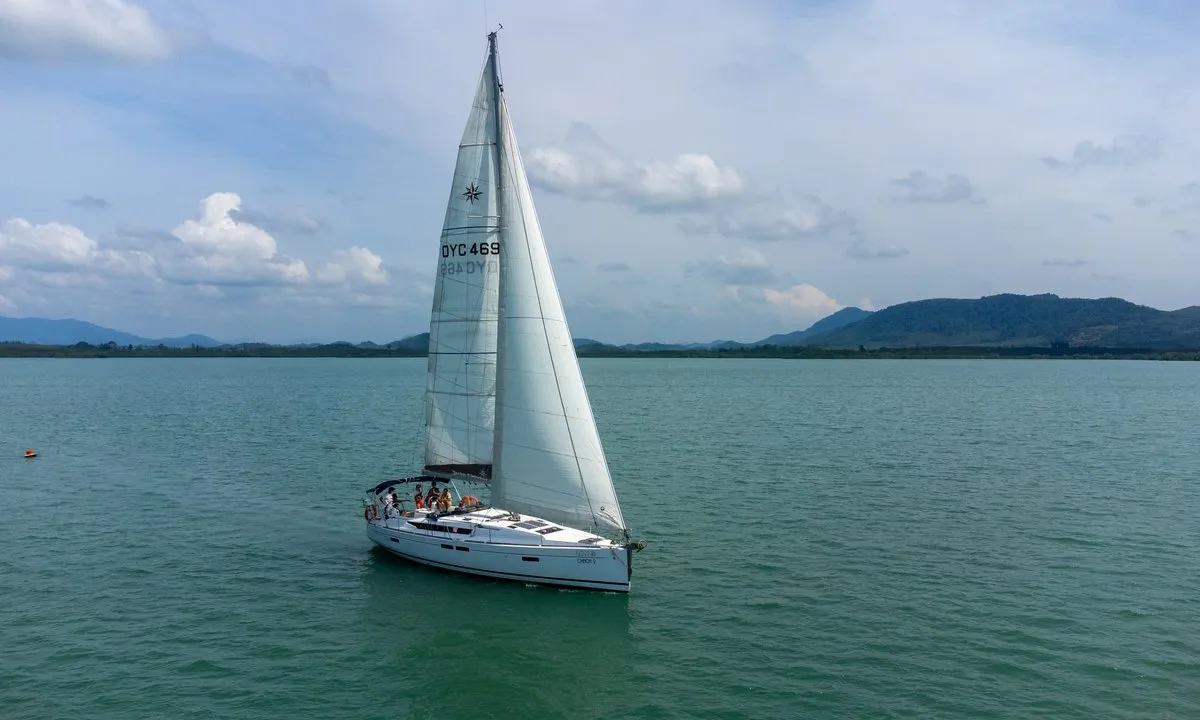 Exterior view of Aurora Belle, a Jeanneau Sun Odyssey 469 sailboat at Mai Khao, Thailand