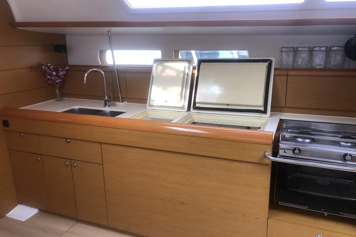Galley of Aurora Belle, a Jeanneau Sun Odyssey 469 sailboat at Mai Khao, Thailand