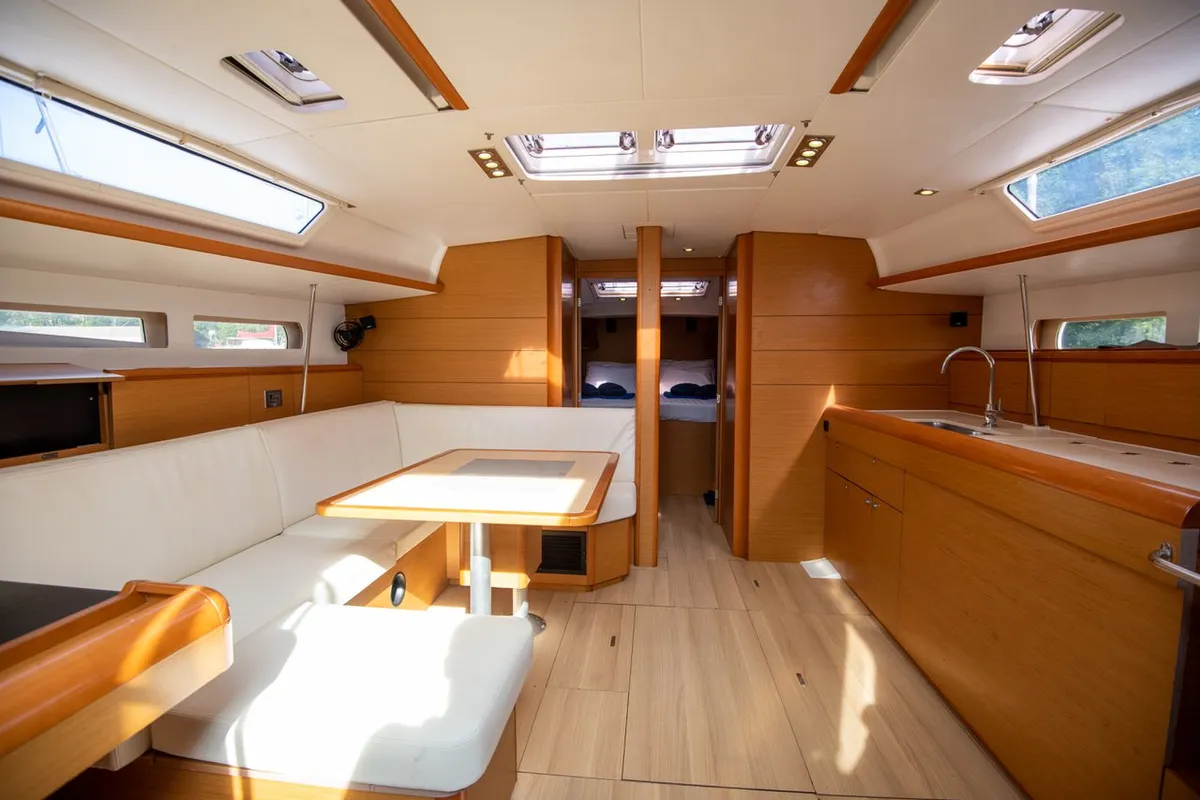 Salon of Aurora Belle, a Jeanneau Sun Odyssey 469 sailboat at Mai Khao, Thailand