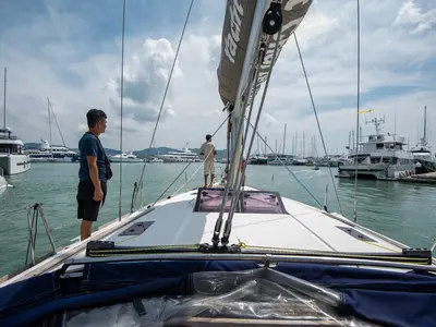 Deck of Aurora Belle, a Jeanneau Sun Odyssey 469 sailboat at Mai Khao, Thailand