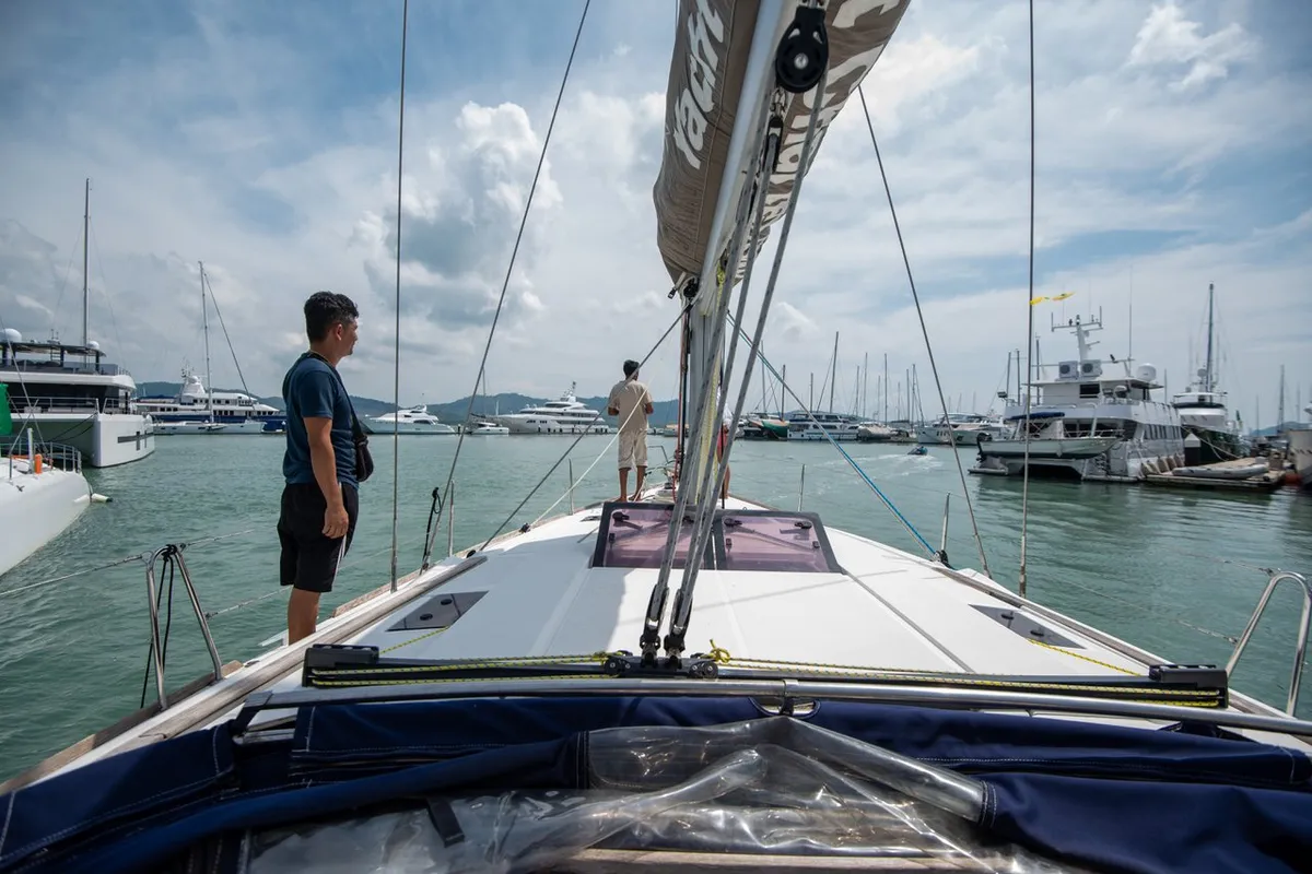 Deck of Aurora Belle, a Jeanneau Sun Odyssey 469 sailboat at Mai Khao, Thailand