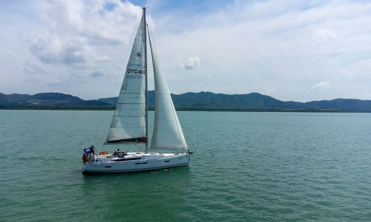 Exterior view of Aurora Belle, a Jeanneau Sun Odyssey 469 sailboat at Mai Khao, Thailand