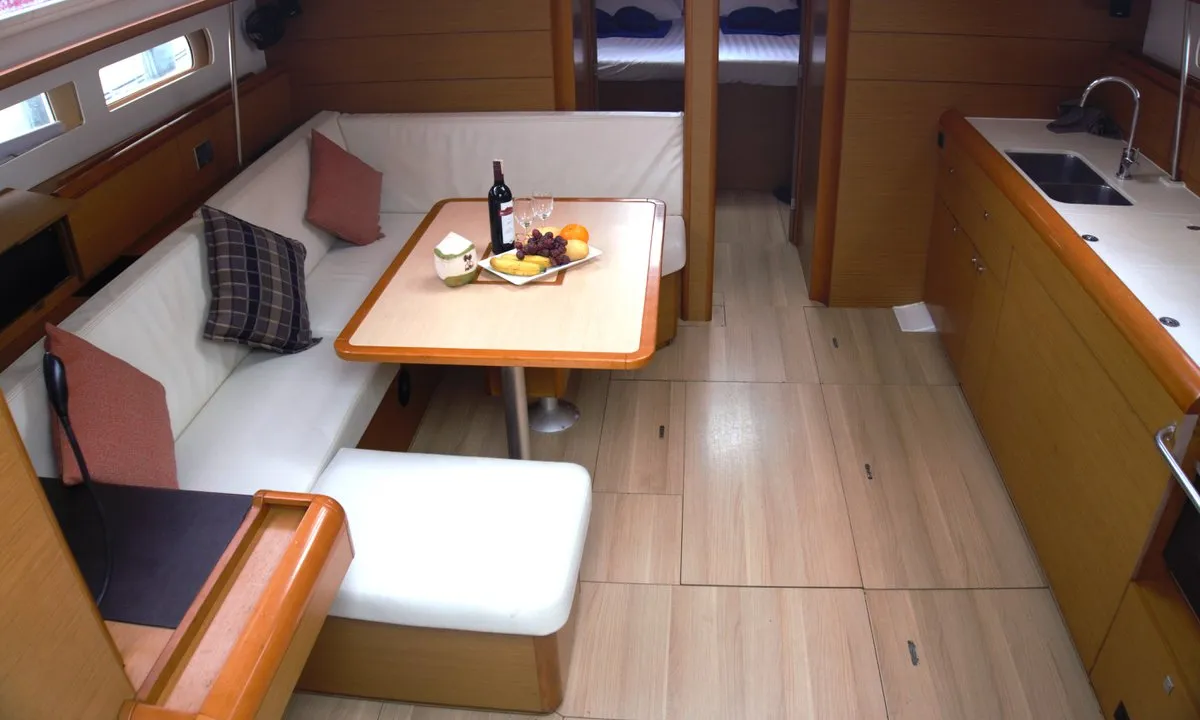 Salon of Aurora Belle, a Jeanneau Sun Odyssey 469 sailboat at Mai Khao, Thailand