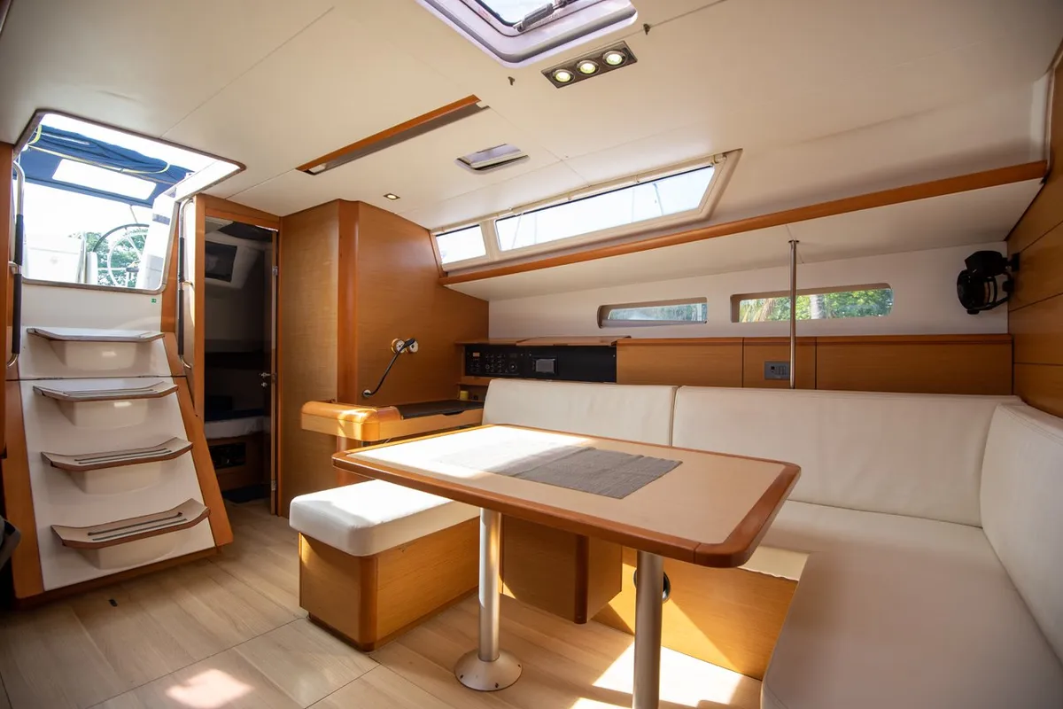 Salon of Aurora Belle, a Jeanneau Sun Odyssey 469 sailboat at Mai Khao, Thailand