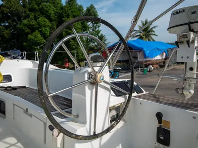 Cockpit of Aurora Belle, a Jeanneau Sun Odyssey 469 sailboat at Mai Khao, Thailand