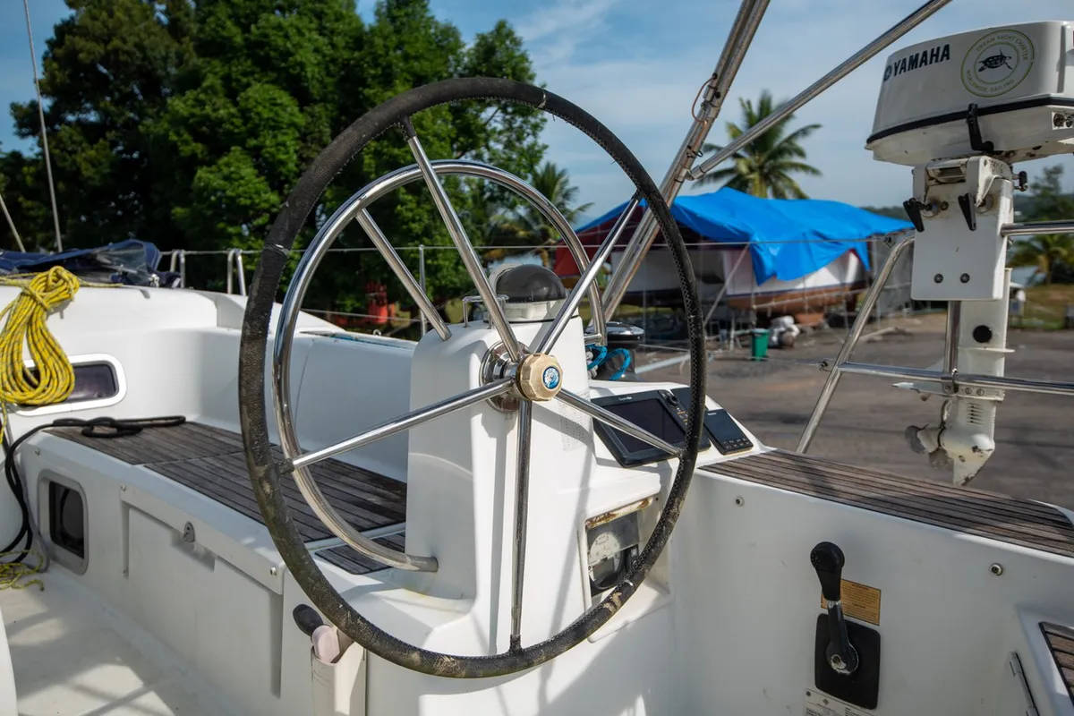Cockpit of Aurora Belle, a Jeanneau Sun Odyssey 469 sailboat at Mai Khao, Thailand