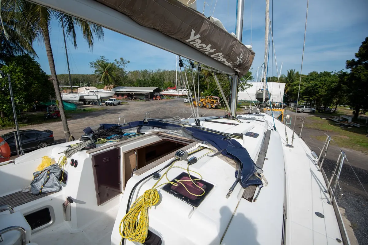 Deck of Aurora Belle, a Jeanneau Sun Odyssey 469 sailboat at Mai Khao, Thailand